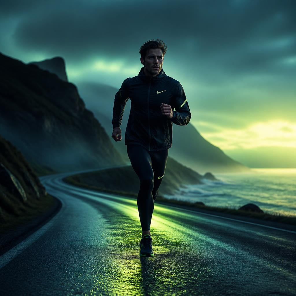 Runner training at dawn on an open road